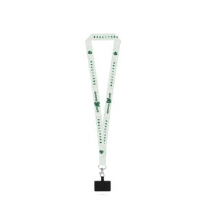EPSOM. Lanyard de sublimare din poliester reciclat (100% rPET) cu carabină, închidere de siguranță și suport pentru smartphone