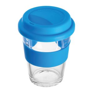 Pahar din sticlă cu manșon și capac, 300 ml