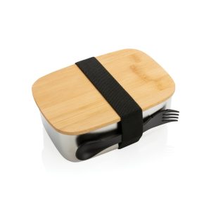 Cutie de prânz din oțel inoxidabil cu capac și spork din bambus
