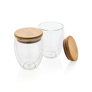 Sticlă borosilicată cu perete dublu și capac din bambus, set de 2 buc. 250 ml