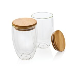 Sticlă borosilicată cu perete dublu și capac din bambus, set de 2 buc. 350 ml